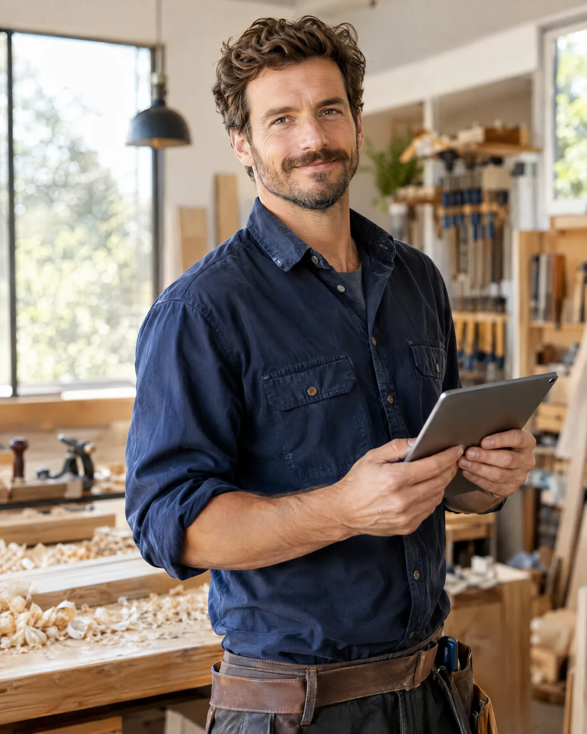 Handwerker mit Tablet in einer lichtdurchfluteten Werkstatt