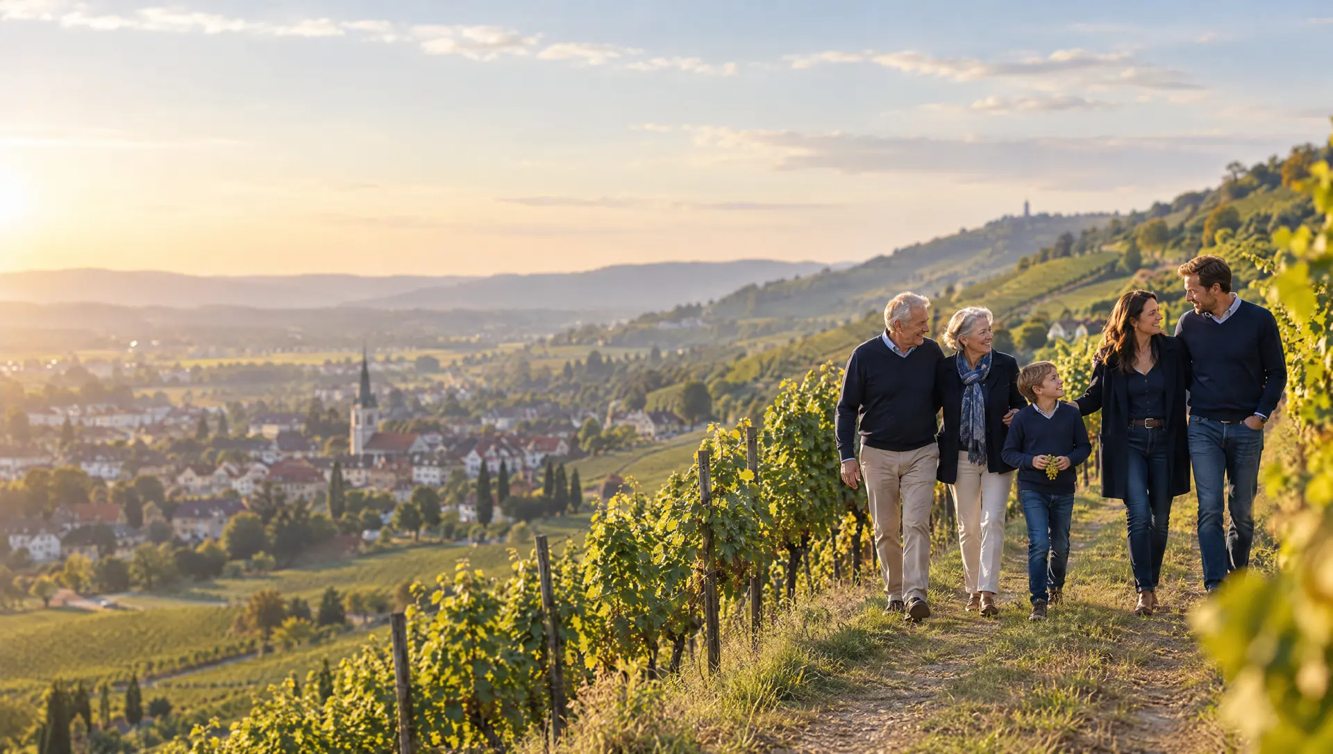 Familie mehrerer Generationen bei einem gemeinsamen Spaziergang in den Weinbergen.