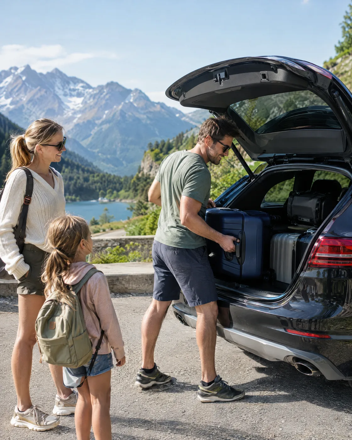 Familie belädt ihr Auto vor einem Bergsee
