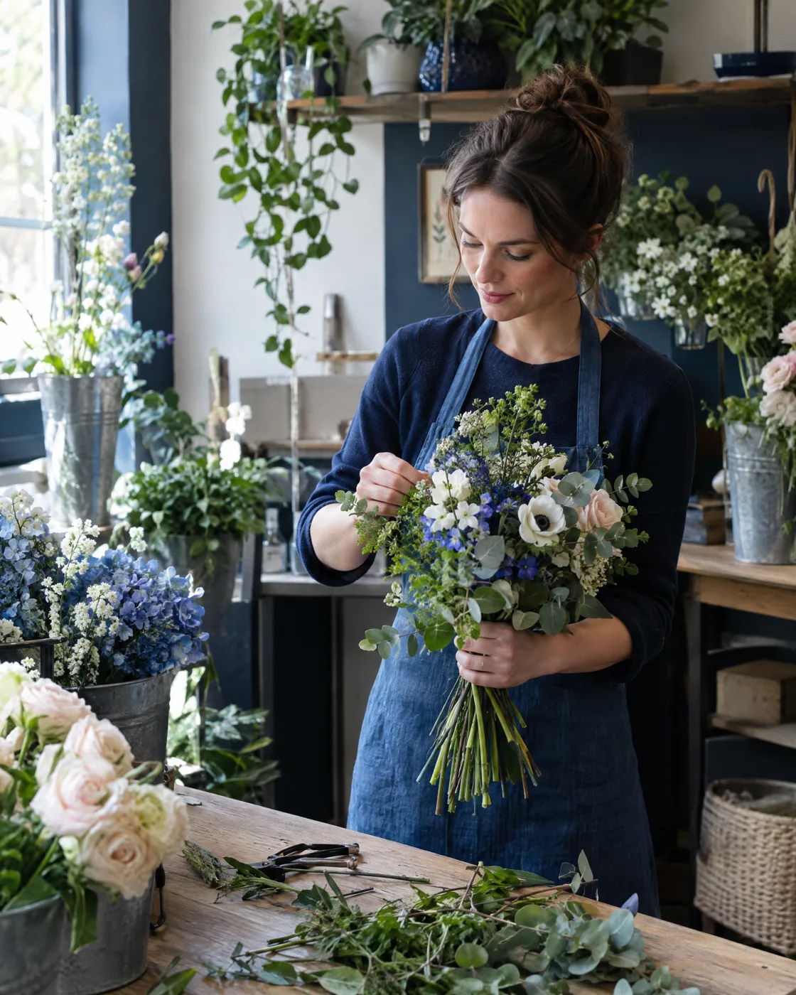 Floristin arbeitet an einem Blumenstrauß in ihrem Geschäft