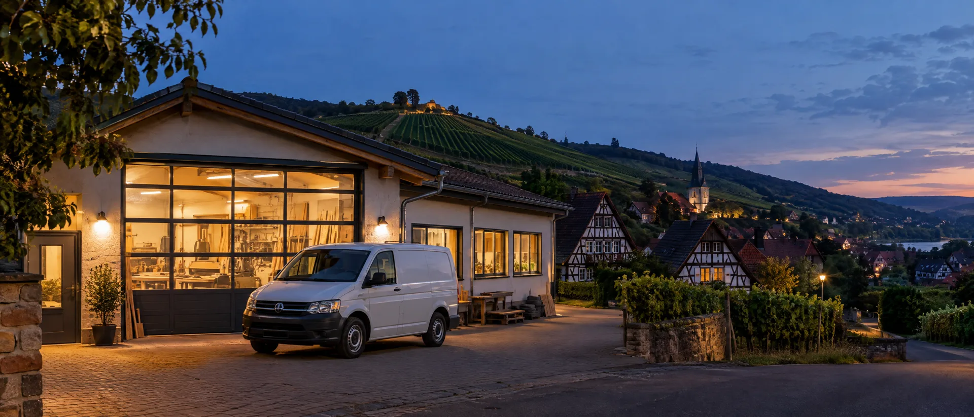 Werkstatt mit Betriebsbus vor Weinbergen im Abendlicht