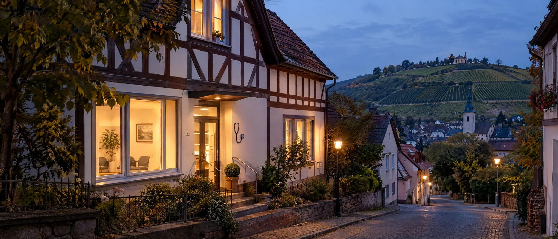 Beleuchtete Praxis in einem Fachwerkhaus vor Weinbergen im Abendlicht