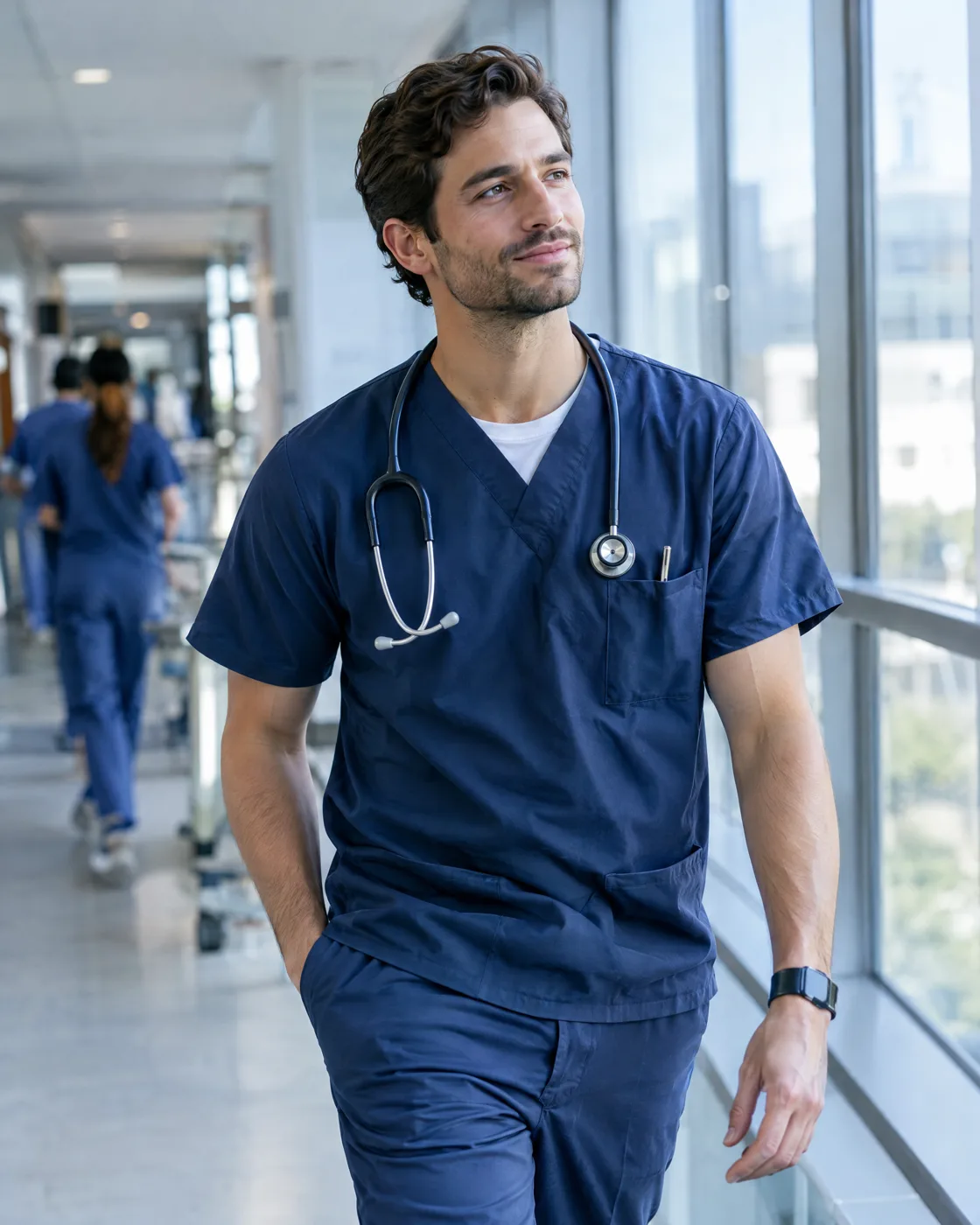 Mediziner mit Stethoskop im Klinikflur