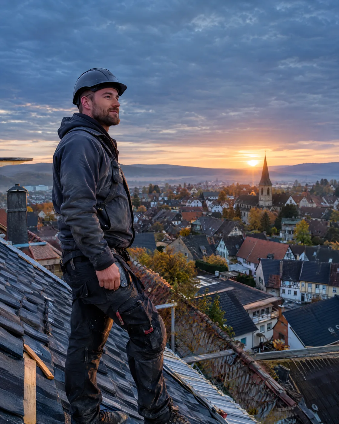 Handwerker mit Helm steht auf einem Dach im Abendlicht