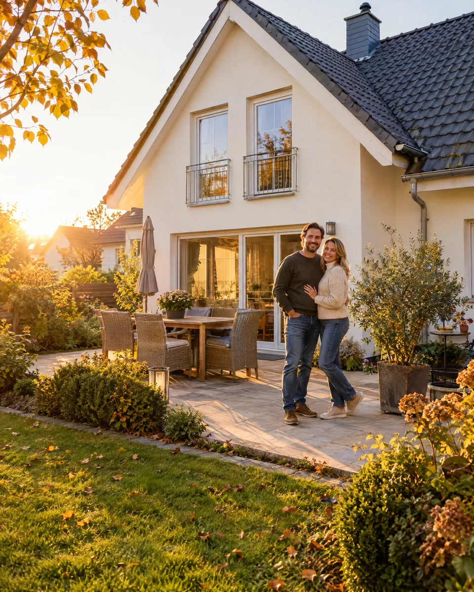 Paar steht vor seinem Einfamilienhaus im Abendlicht