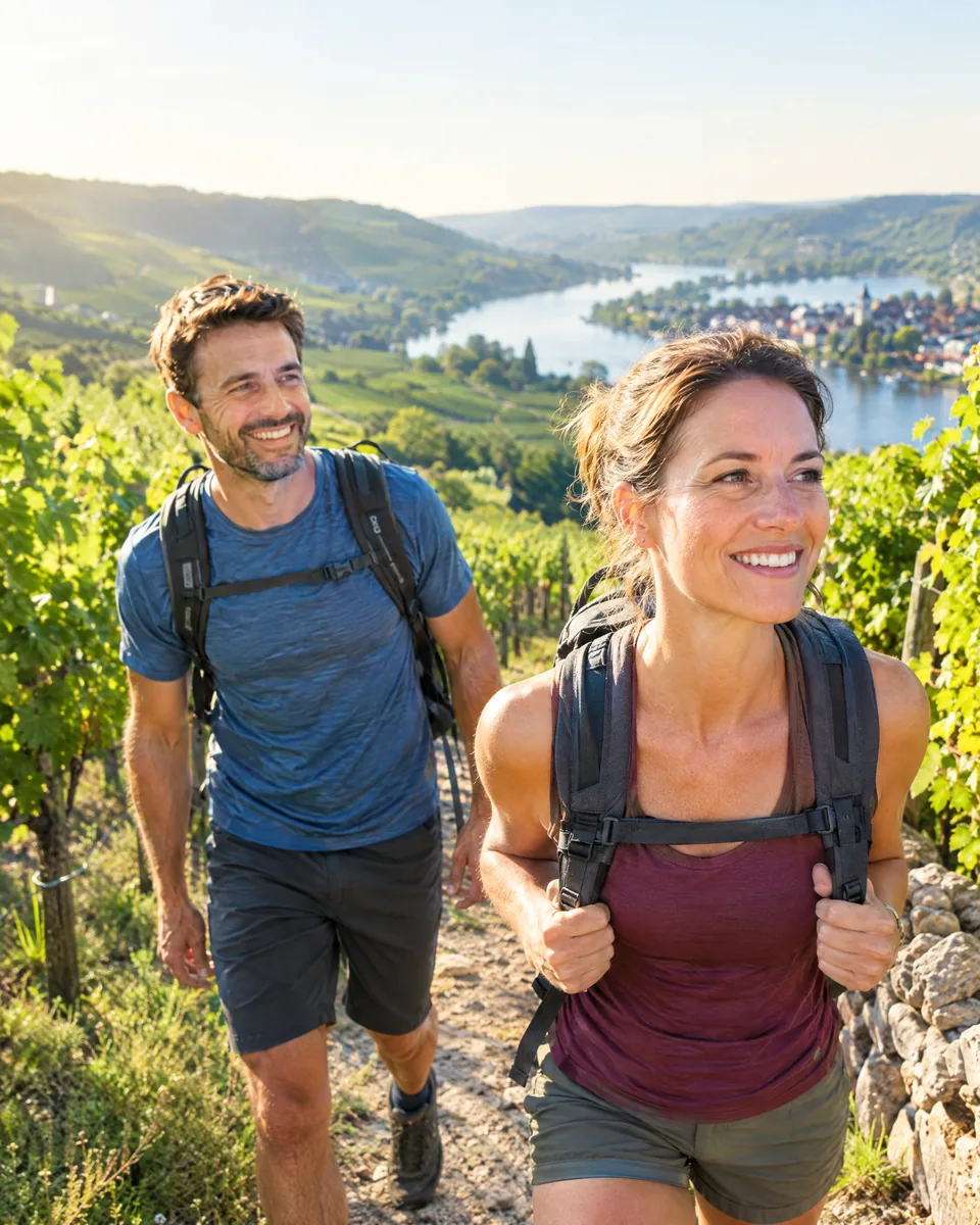 Wanderndes Paar zwischen Weinbergen