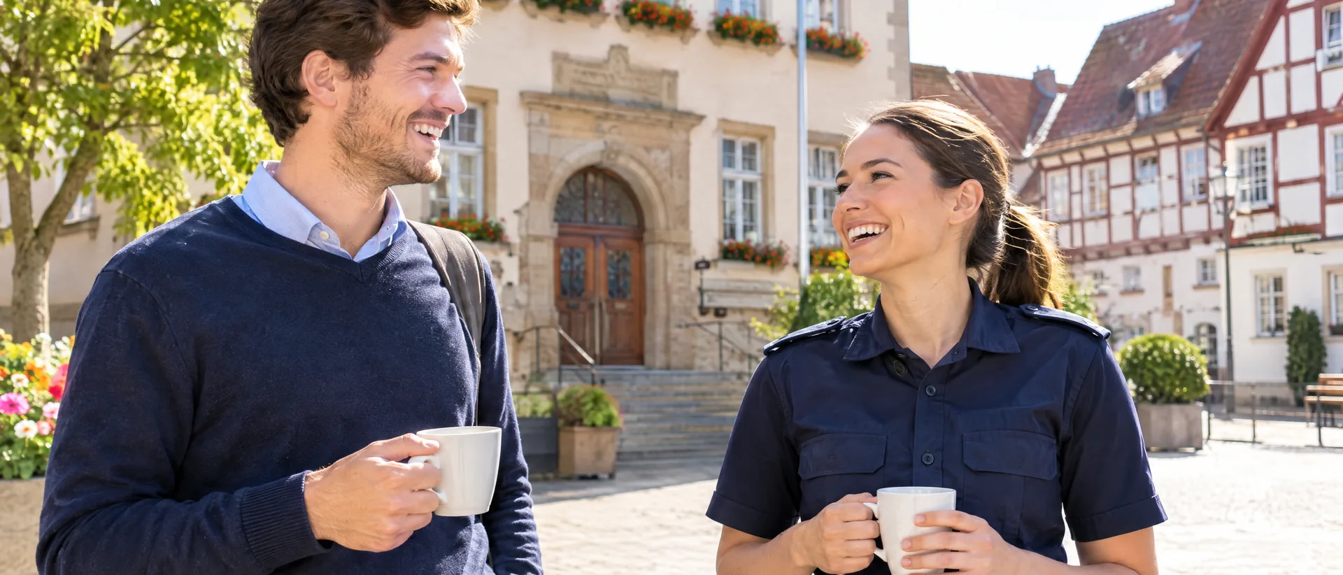Lehrer und Polizistin trinken gemeinsam Kaffee vor dem Rathaus