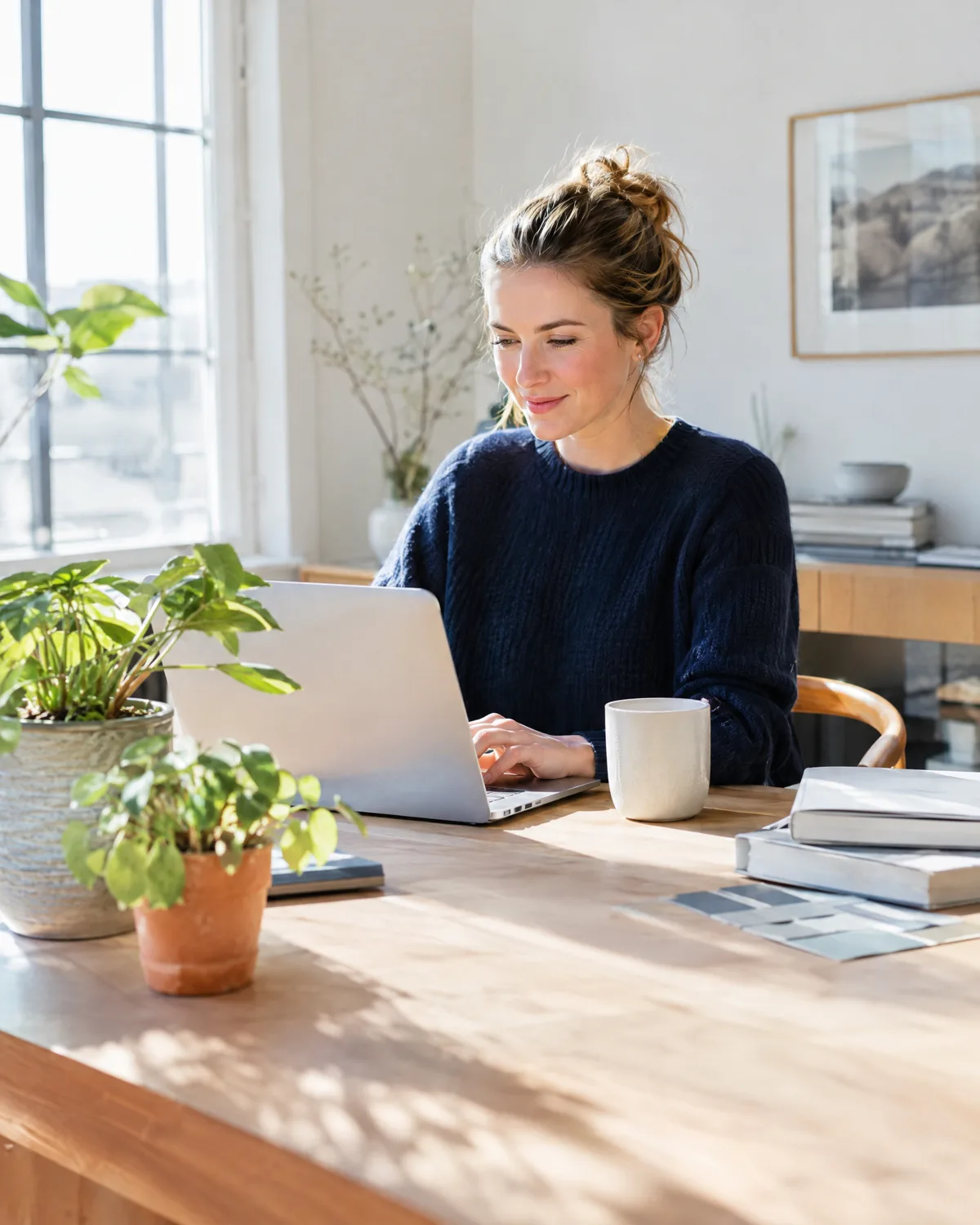 Frau arbeitet am Laptop an einem hellen Arbeitsplatz