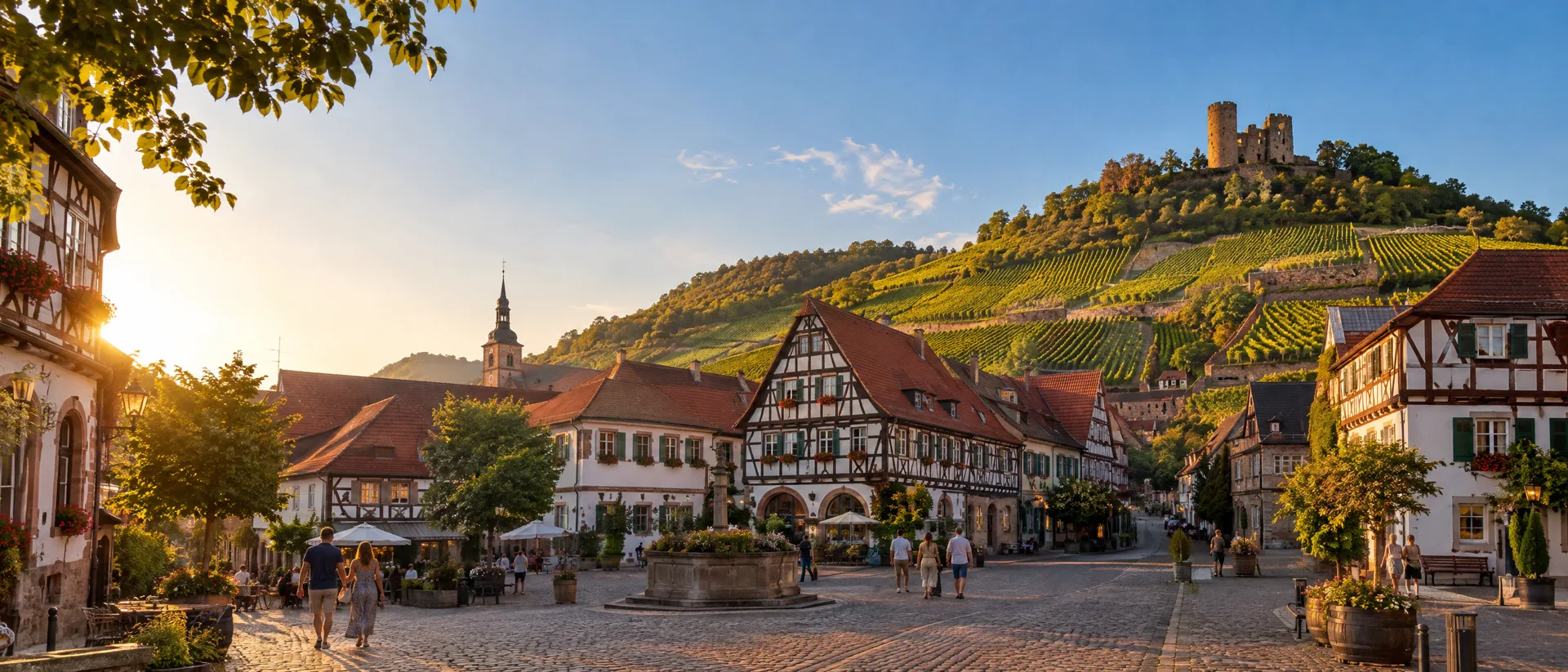Fachwerkstadt an der Bergstraße mit Weinbergen und einer Burg im Abendlicht