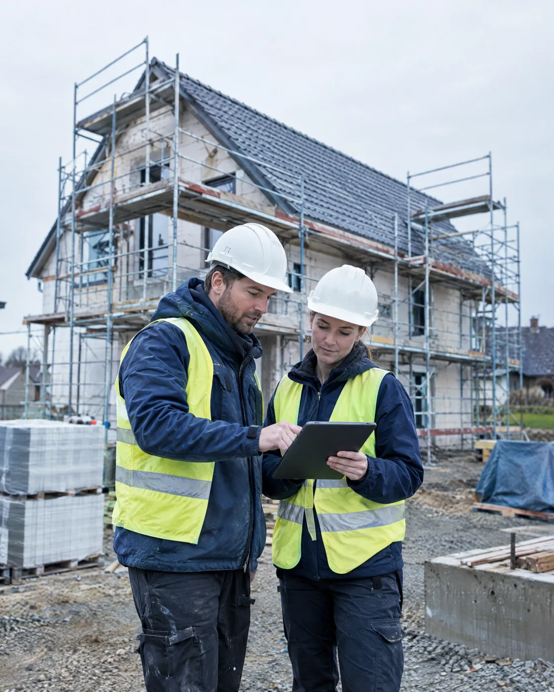 Zwei Handwerker besprechen Bauarbeiten mit einem Tablet auf einer Baustelle
